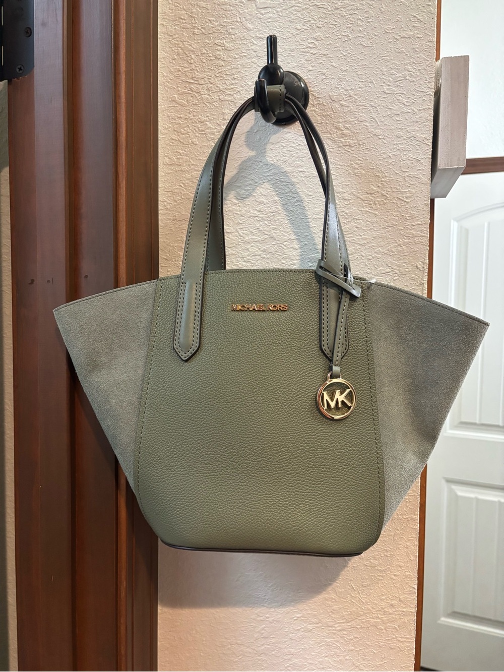 Michael Kors Olive Green Pebbled & Suede Tote with MK Charm